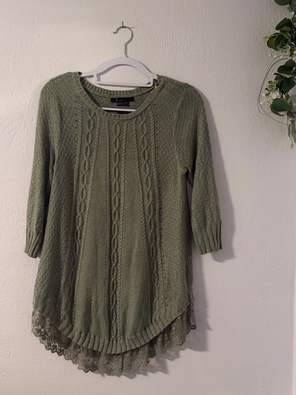 Style & Co. Sage Green Lace-Hem Cable Knit Sweater